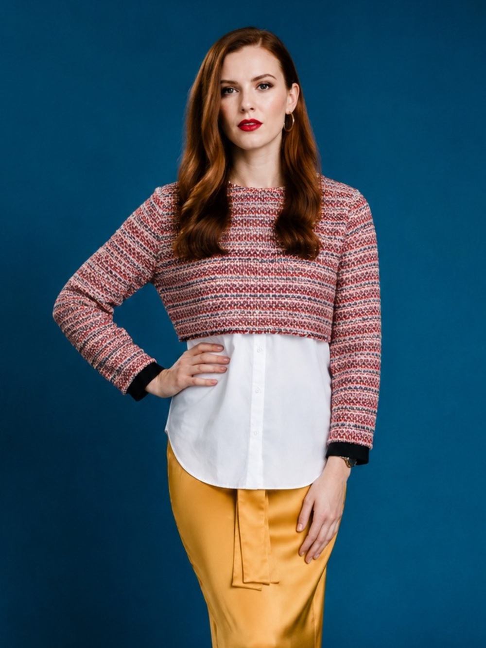 Zara Tweed Layered Shirt Blouse Contrast Combo Top Size Medium